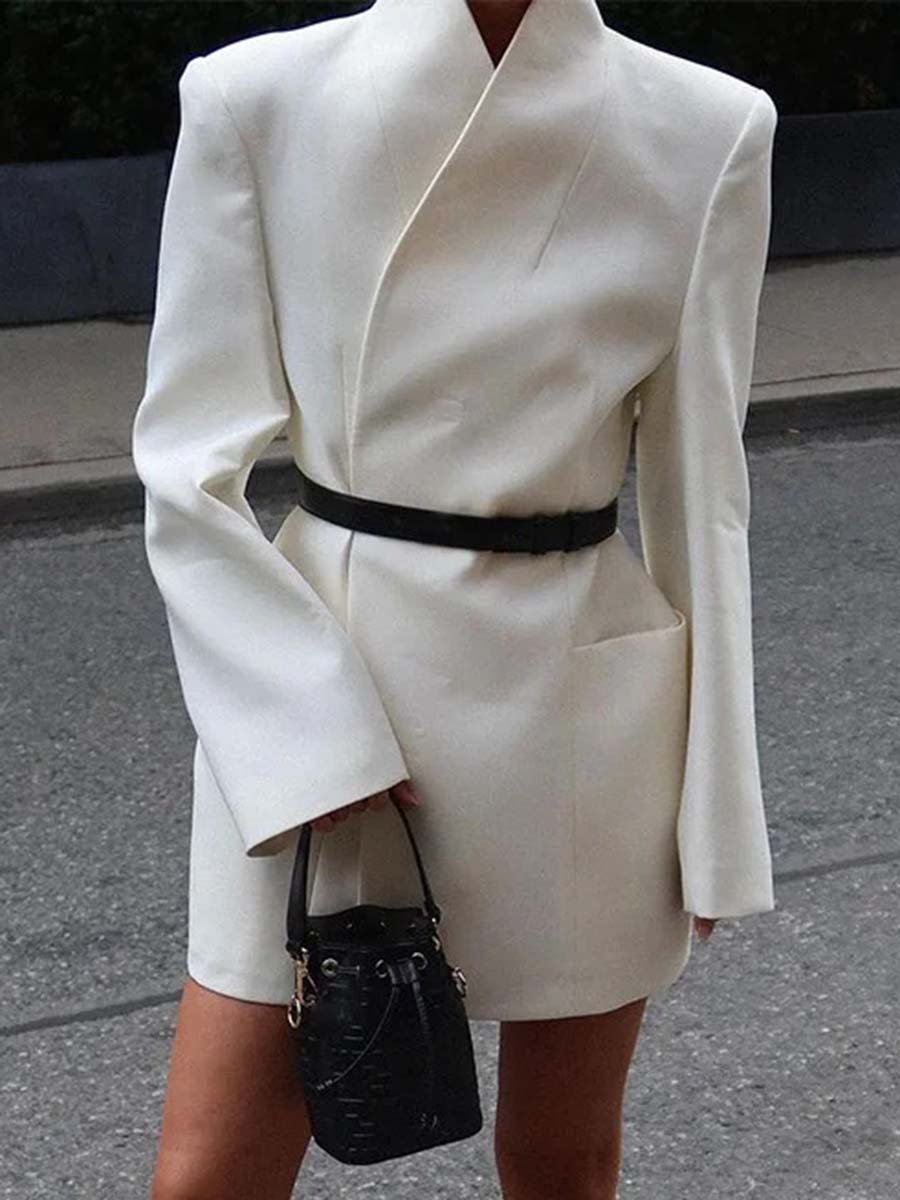 Elegant Half-high Collar Trumpet Sleeve White Long Jacket