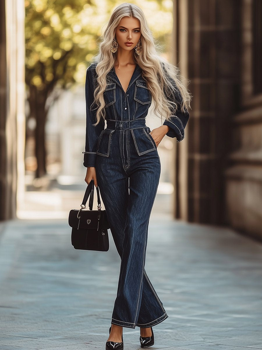 Casual Loose Vintage Denim Pocket Zipper Jumpsuit