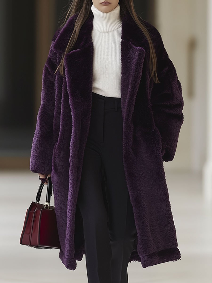 Casual Loose Vintage Purple Faux Fur Mid-Length Pocket Coat