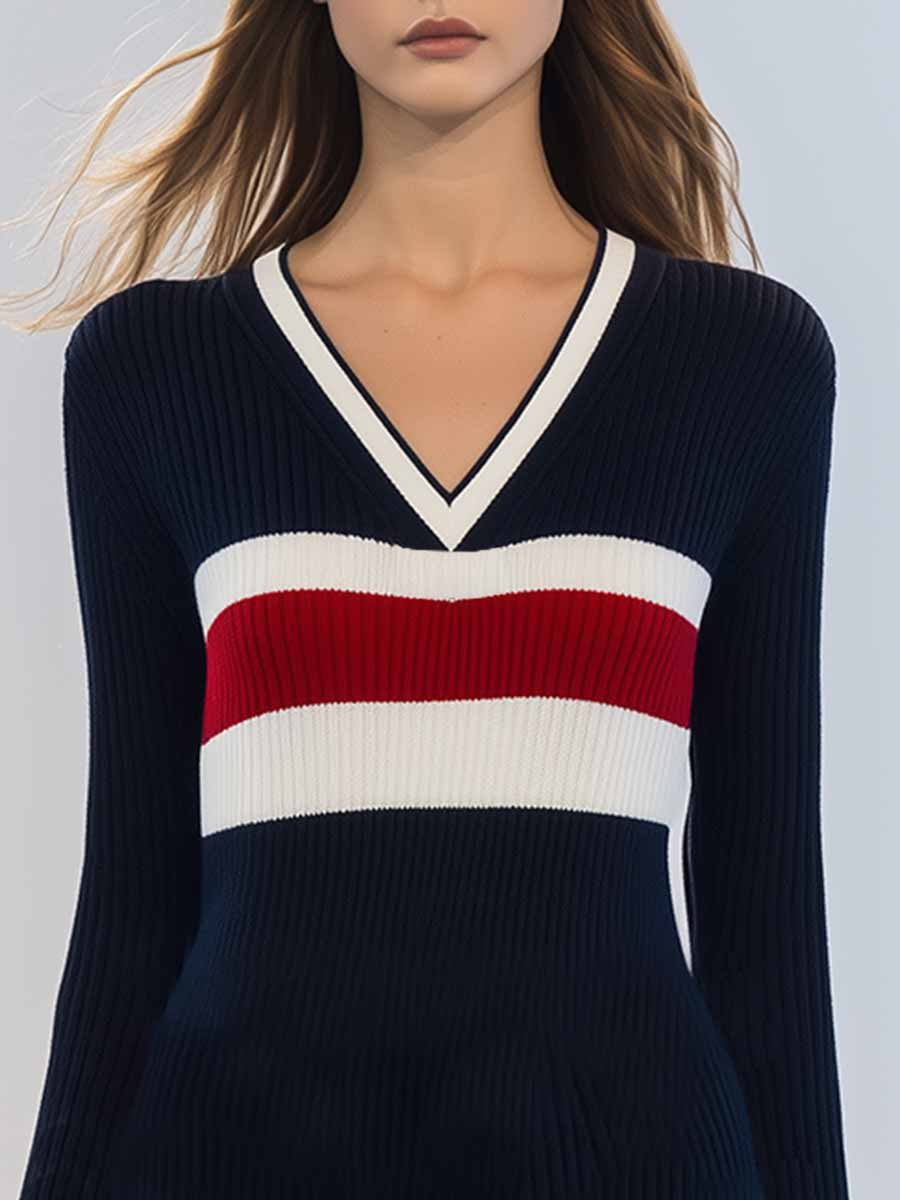 Elegant V-neck Slim Fit Navy Blue Contrast Stripe Knitted Mini Dress