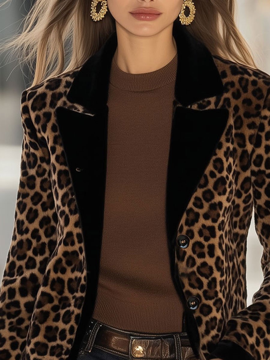 Casual Loose Vintage Velvet Leopard Print Black Trim Blazer