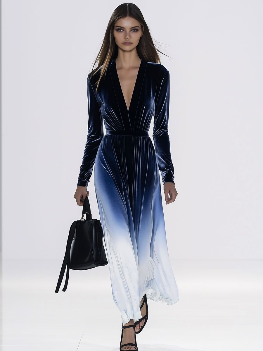 Fashion Holiday Blue And White Gradient Velvet V-Neck Long-Sleeved Maxi Dress