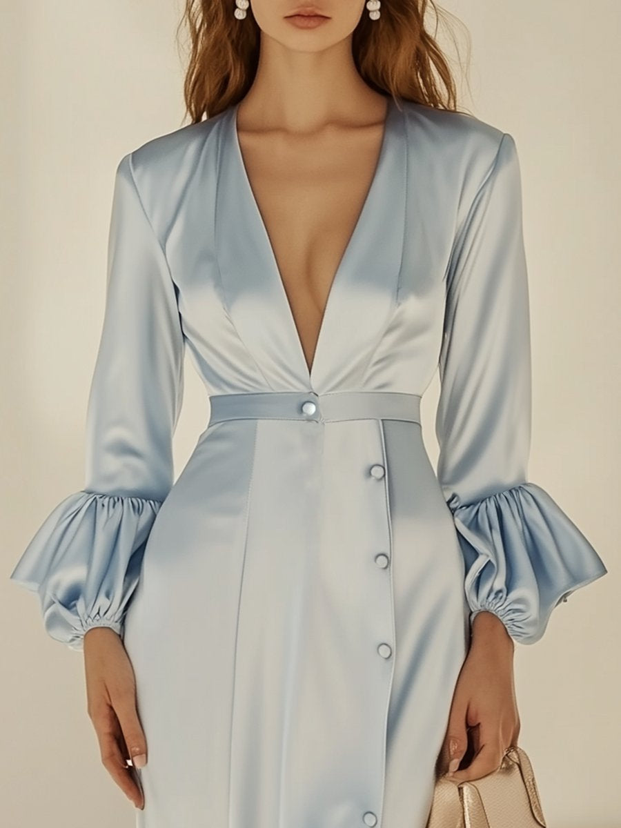 Charming and Sexy Soft Blue Satin V-neck Side Slit Long Sleeve Maxi Dress