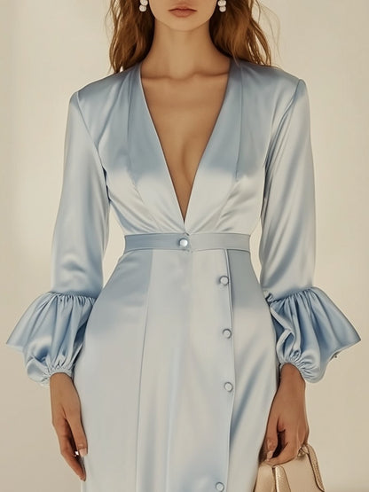 Charming and Sexy Soft Blue Satin V-neck Side Slit Long Sleeve Maxi Dress