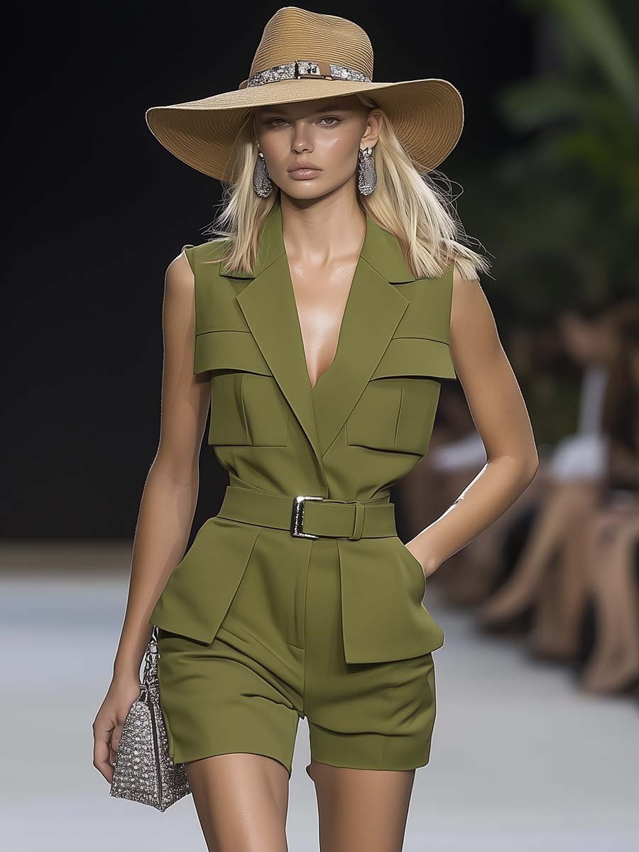 Fashion V-neck Sleeveless Belted Grass Green Short Jumpsuit