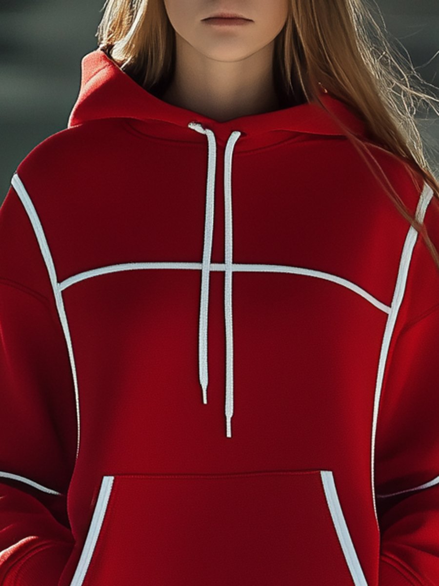 Casual White Decorative Line Red Hooded Mini Dress