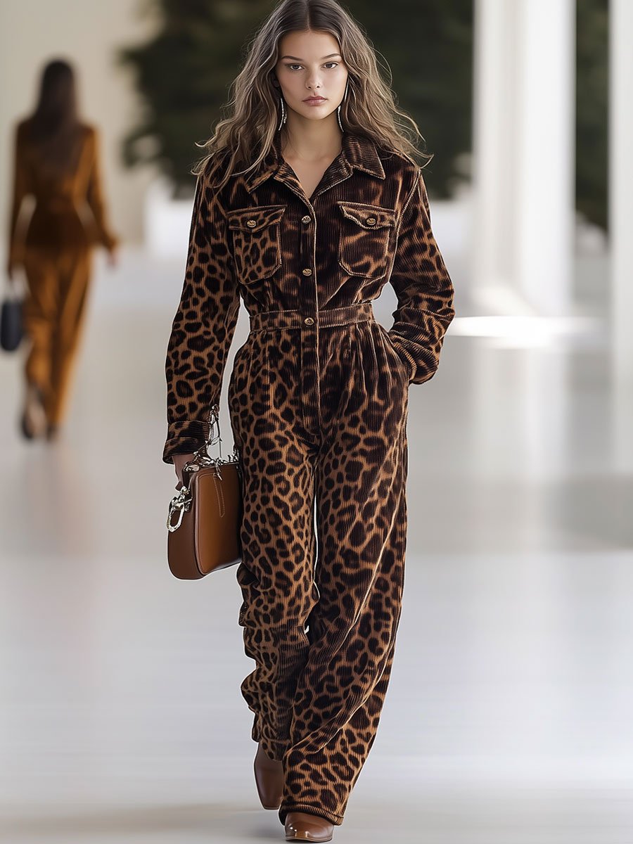 Casual Loose Retro Corduroy Leopard Print Multi-Pocket Long Sleeve Jumpsuit