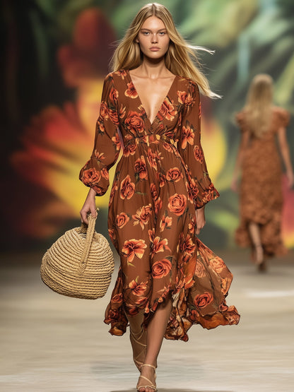 Bohemian Chiffon Print Long Sleeve Maxi Dress