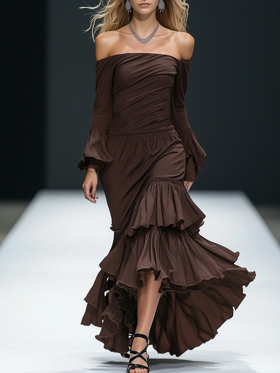 Retro Elegant Fashion Ruffle Hem Brown Midi Dress