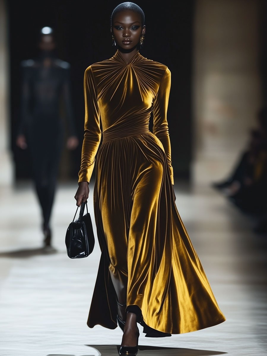 Fashion Vintage Gold Velvet Pleated Long Sleeve Maxi Dress