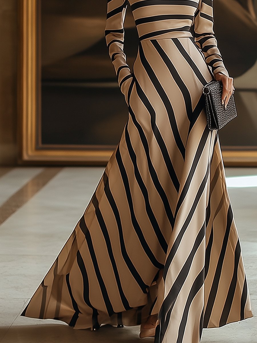 Fashion Slim Striped Khaki Long Sleeve Maxi Dress