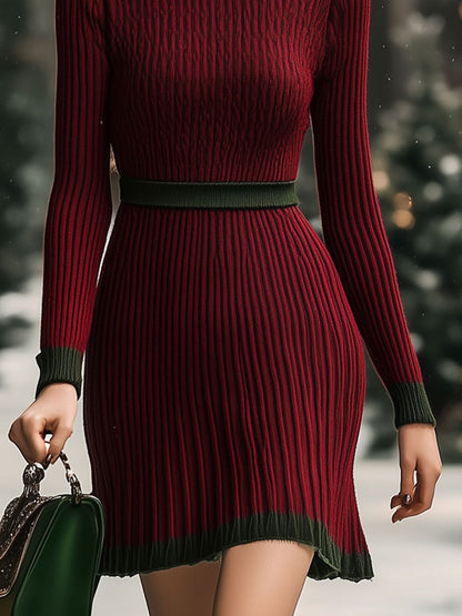 Fashion Retro Red And Green Stitching Woolen Long-Sleeved Mini Dress