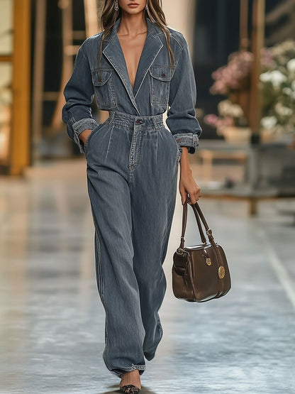 Casual Retro Loose Multi-Pocket Long Sleeve Denim Jumpsuit