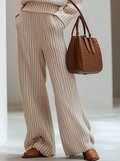 Casual Loose Pocket Apricot Knitted Straight Pants