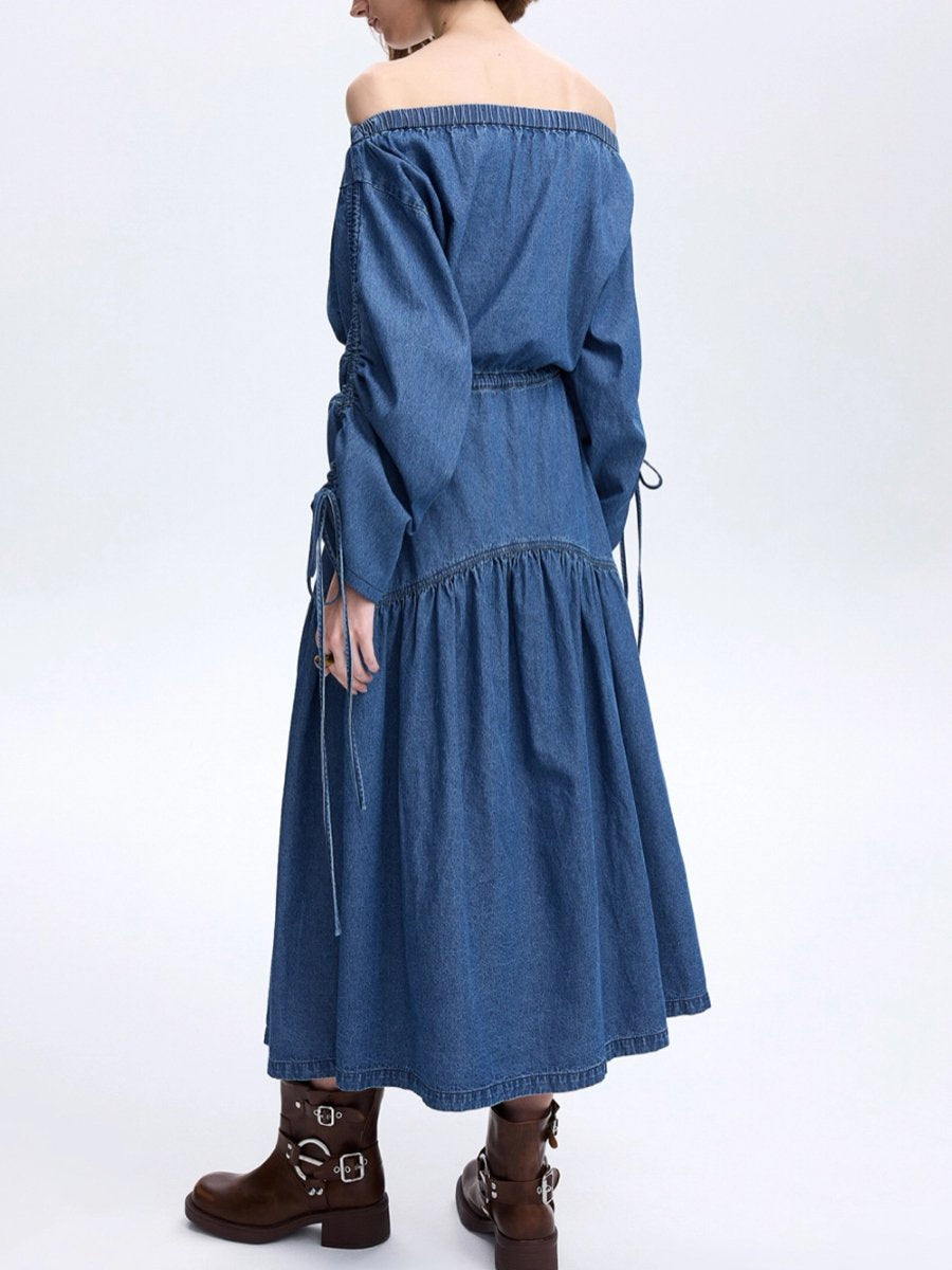 Casual Loose Fashion One Shoulder Drawstring Denim Midi Dress