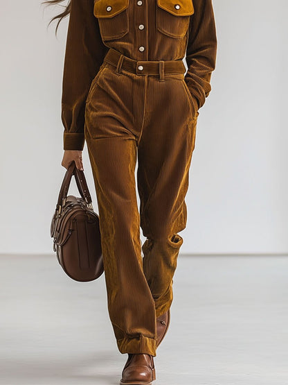 Casual Loose Retro Corduroy Velvet Stitching Multi-Pocket Long-Sleeved Jumpsuit