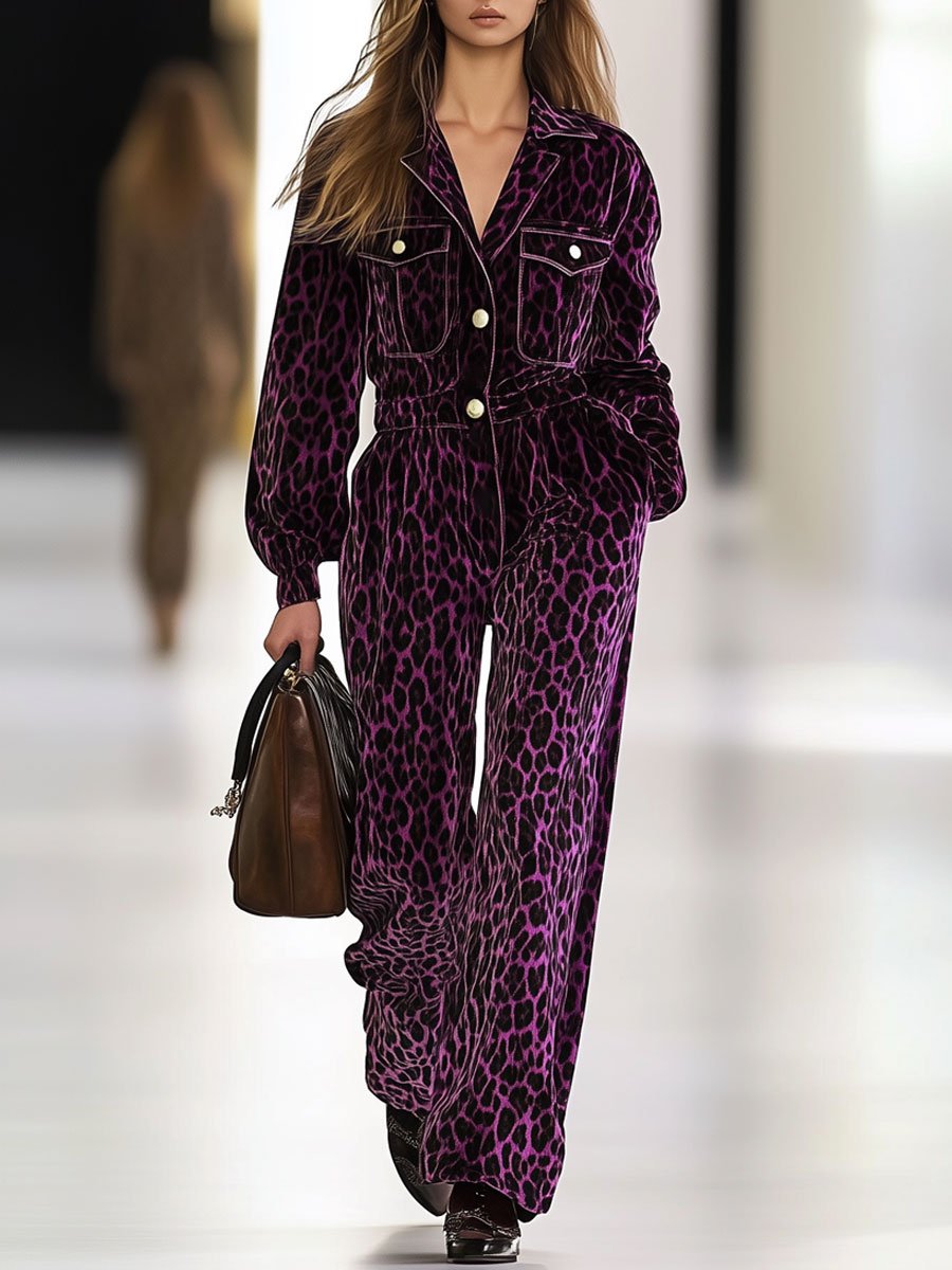 Casual Loose Retro Velvet Leopard Print Multi-Pocket Long Sleeve Jumpsuit