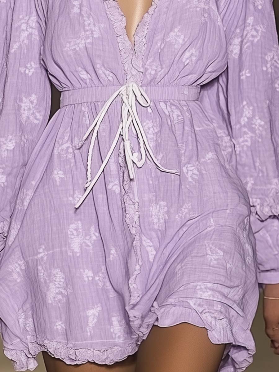 Fashionable Off-shoulder Lace-up Floral Print Lavender Mini Dress