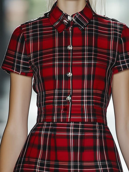 Retro Glamour Red Plaid Short Sleeve Mini Dress