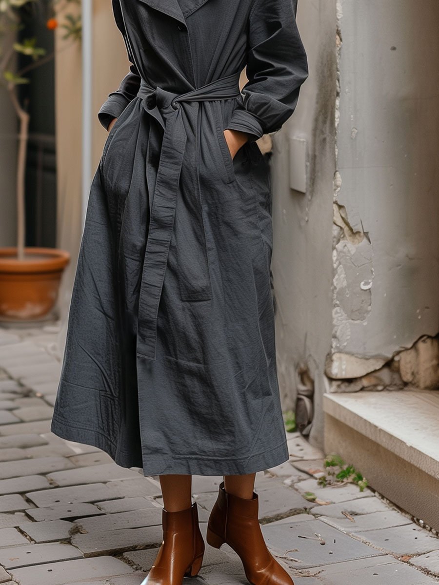 Casual Loose Vintage Pocket Belt Lapel Cotton Trench Coat