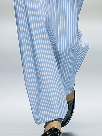 Casual Loose Lazy Style Blue Striped Wide-Leg Pants