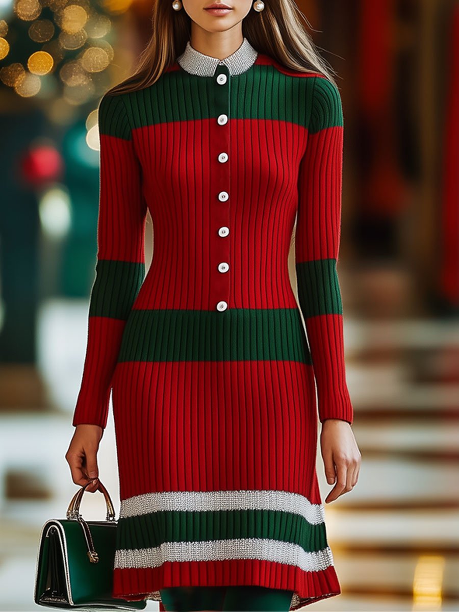 Fashion Retro Woolen Red And Green Striped Long-Sleeved Mini Dress