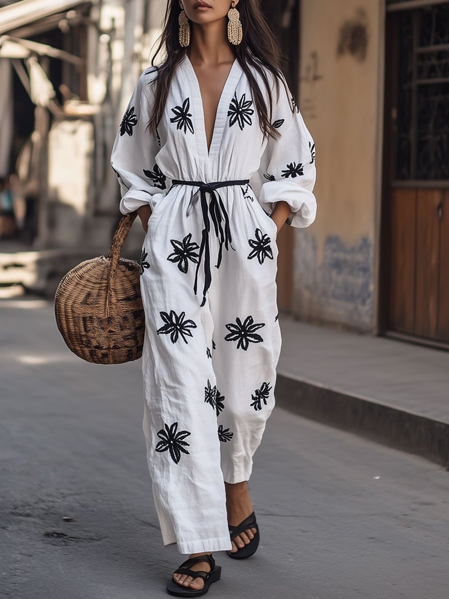 Casual Cotton and Linen Floral Embroidery V-Neck Long Sleeve Wide Leg Jumpsuit