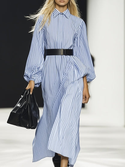 Classic Cotton Blue And White Striped Long Sleeve Maxi Dress