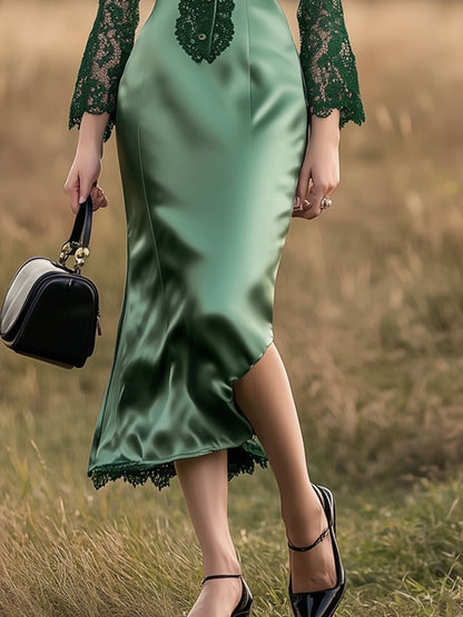 Retro Party Green Lace Satin V-Neck Long Sleeve Midi Dress