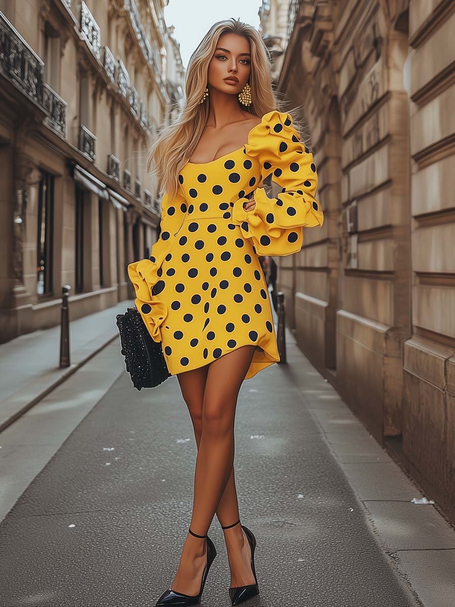 Fashionable and Stylish Off-shoulder Yellow Polka Dot Printed Mini Dress