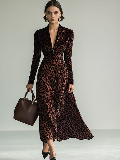 V-Neck Vintage Brown Velvet Leopard Print Long Sleeve Maxi Dress