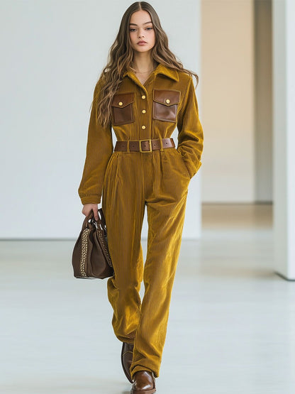 Casual Loose Retro Corduroy Leather Patchwork Pocket Belted Jumpsuit