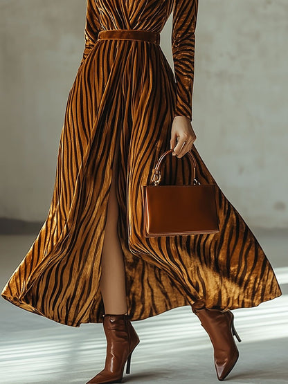 Loose Retro Velvet Zebra Print V-Neck Long Sleeve Slit Maxi Dress