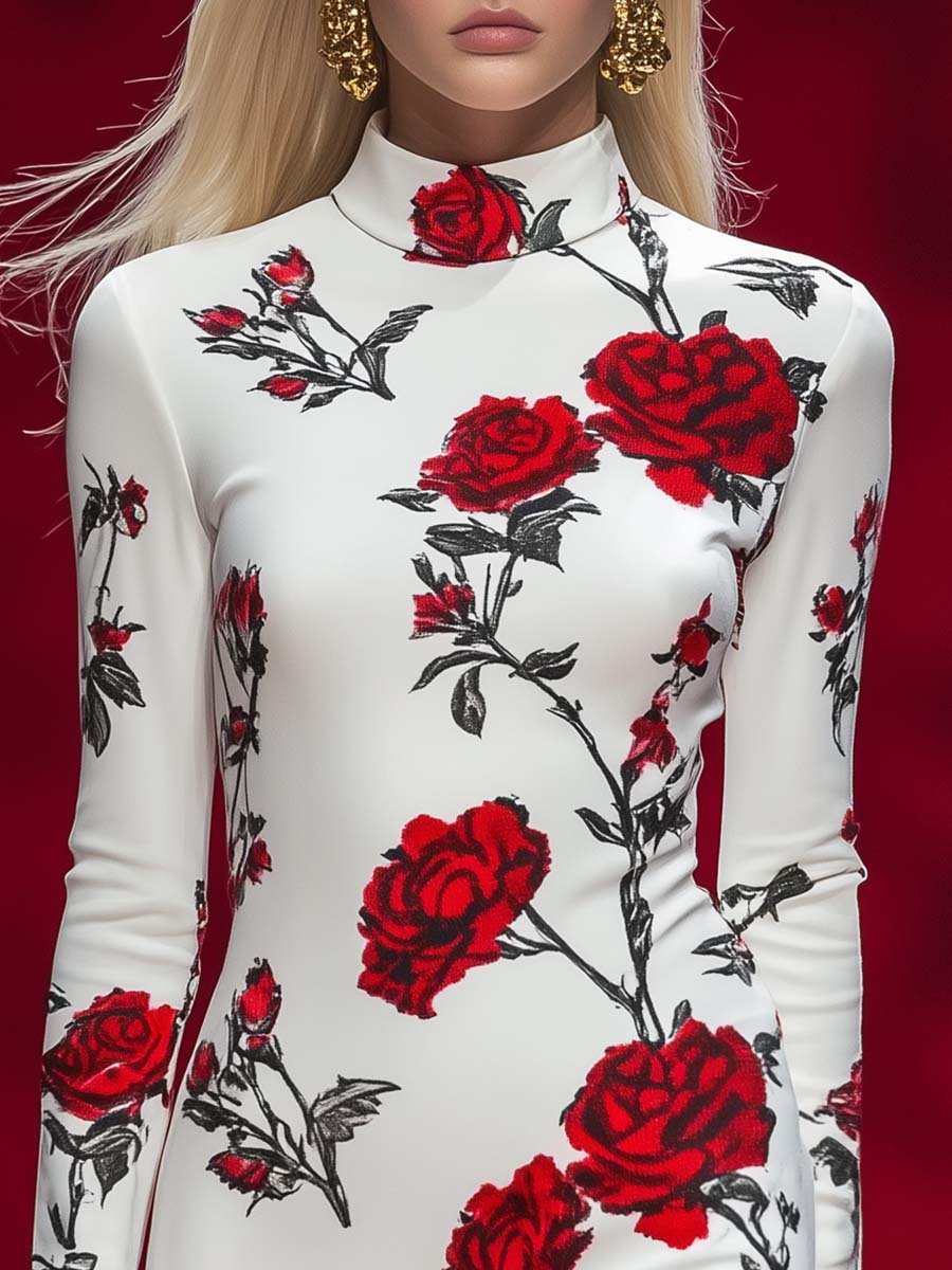 Elegant and Romantic Half-high Collar Rose Print Mini Dress