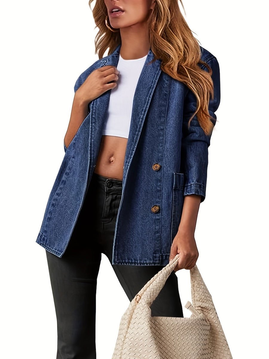 Casual Simple Vintage Pocket Double Breasted Denim Blazer