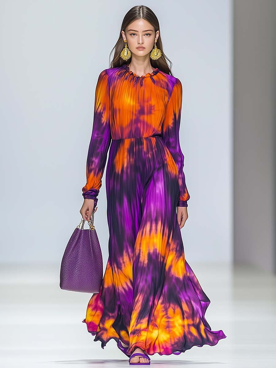 Elegant and Energetic Round Neck Pleated Orange and Purple Tie-dyed Maxi Dress