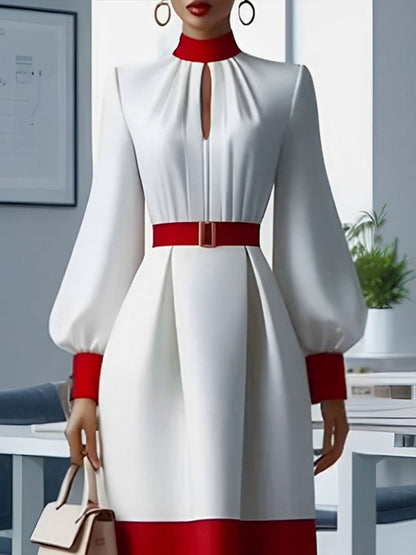 Versatile Commuting Red And White Hollow Long-Sleeved Midi Dress