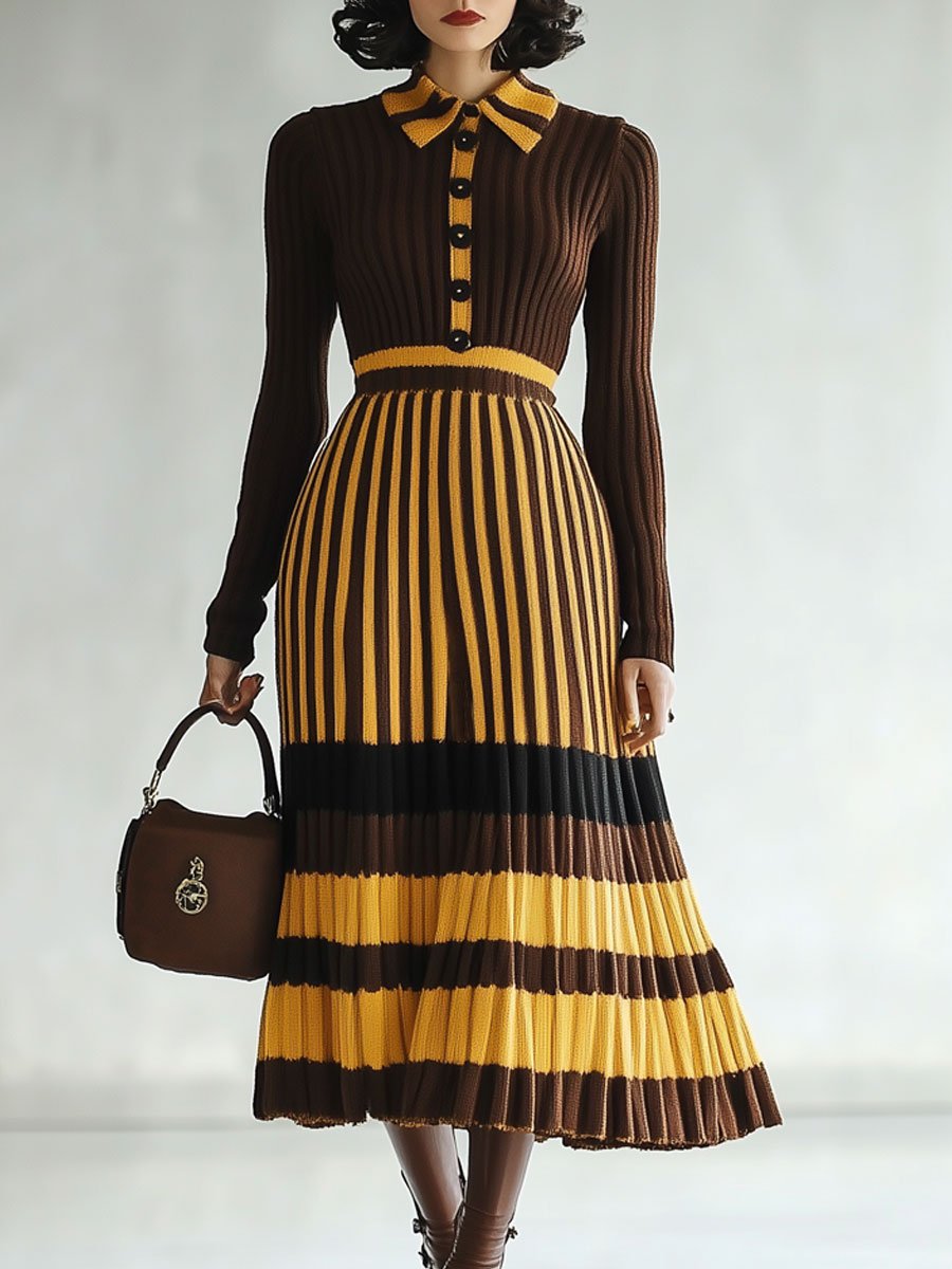 Fashion Loose Retro Striped Colorblock Knitted Long Sleeve Midi Dress