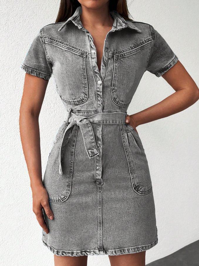 Fashion Lapel Grey Denim Short Sleeve Mini Dress