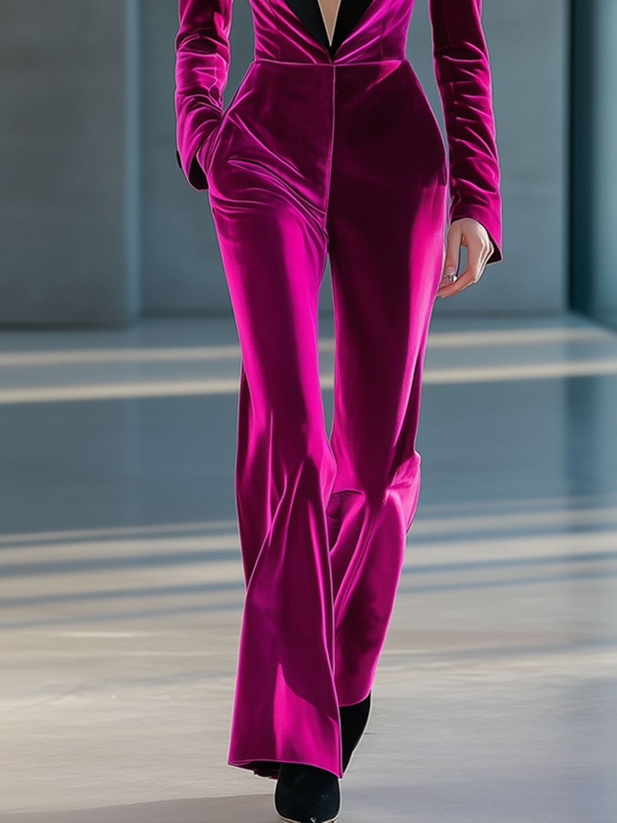 Casual Fashion Retro Velvet Colorblock Lapel Long Sleeve Flared Jumpsuit