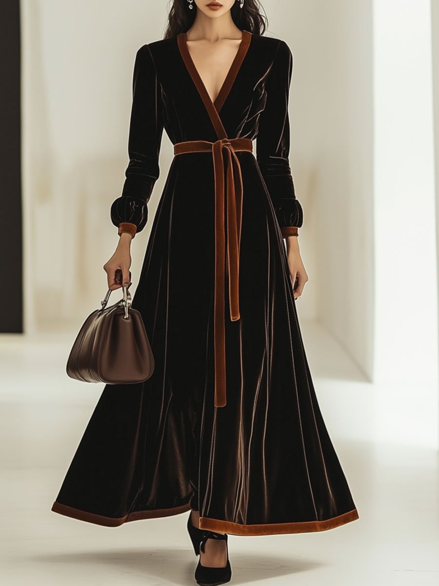 V-Neck Vintage Velvet Colorblock Lace-Up Long-Sleeved Maxi Dress