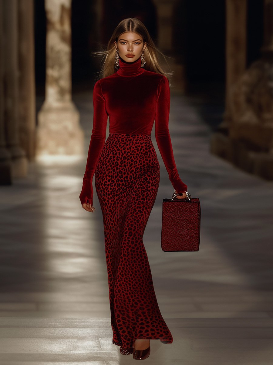 Elegant and Wild Coexist High Collar Slim Fit Red Velvet Stitching with The Same Color Leopard Print Maxi Dress