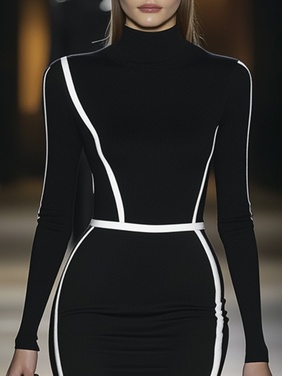 Elegant Half High Neck White Decorative Line Black Long Sleeve Midi Dress