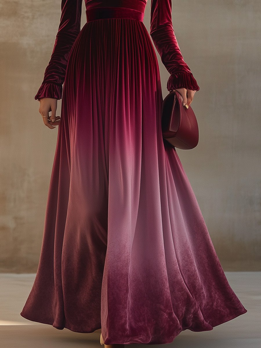 【24-hour shipping】Elegant Straight Collar Trumpet Sleeves Burgundy Gradient Velvet Maxi Dress