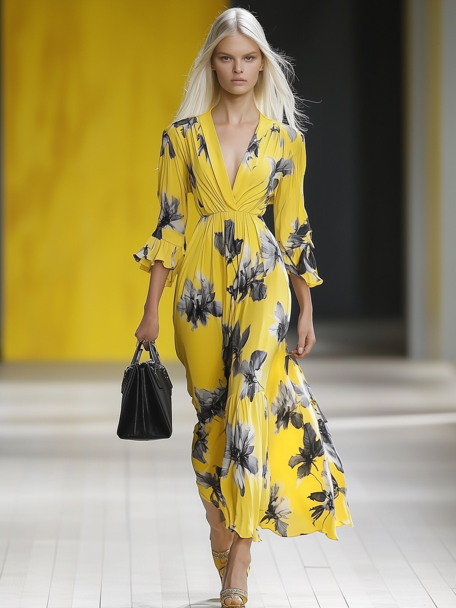 Romantic V-Neck Printed Yellow Long-Sleeved Maxi Dress