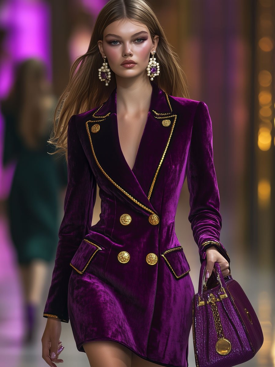 Casual Fashion Vintage Purple Velvet Gold Trim Suit Mini Dress