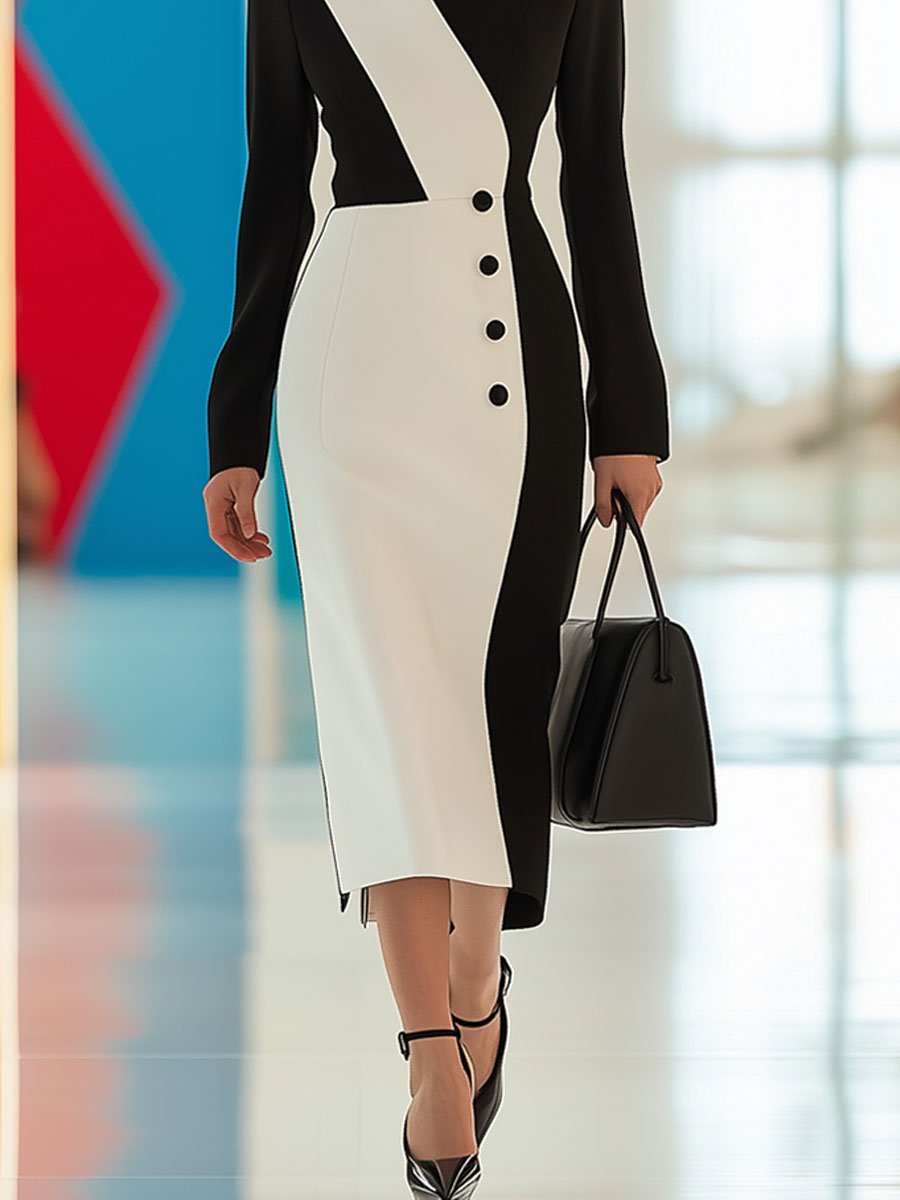 Fashion Retro Black and White V-neck Button Long Sleeve Midi Dress