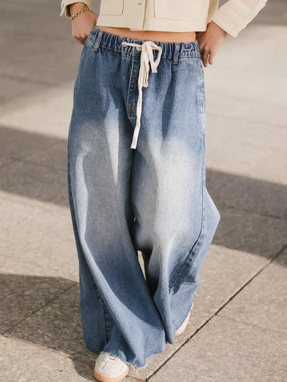 Casual Vintage Pocket Elastic Waist Drawstring Wide Leg Jeans