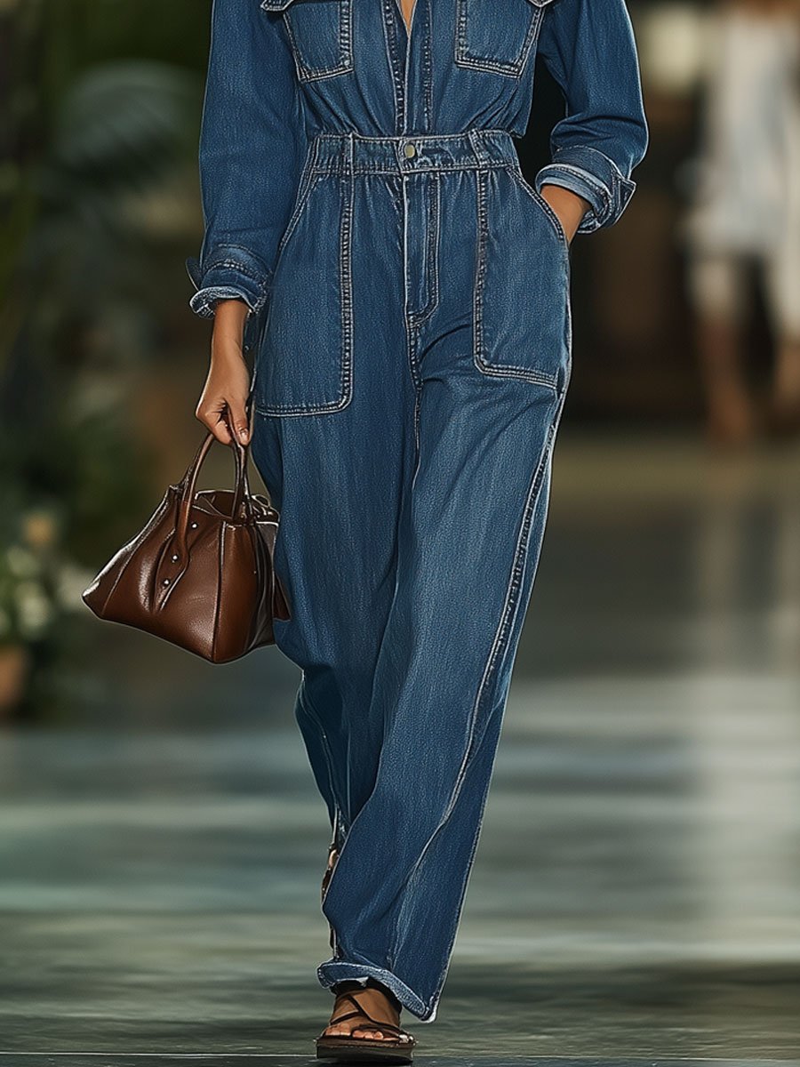 Casual Retro Multi-Pocket Elastic Waist Denim Long Sleeve Straight Jumpsuit