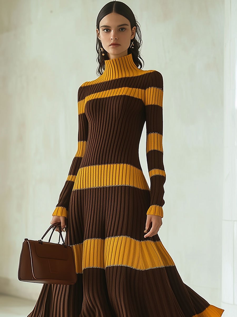 Fashion Retro Striped Knitted Turtleneck Long Sleeve Midi Dress